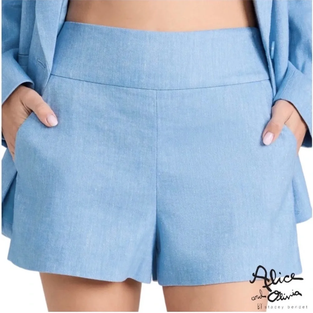 Alice + Olivia Donald High Waist Linen Blend Chambray Shorts Blue 8 - Picture 3 of 10